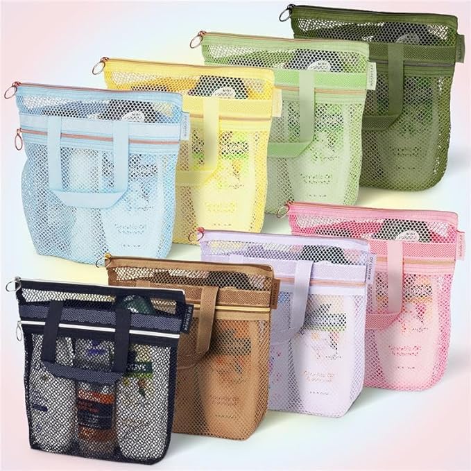 DV Lifestyle Mesh Shower Bag 10.2x9.9'' Quick-Dry Caddy with Zipper & 2 Pockets. Portable Toiletry Tote for Bathroom, Gym, Travel, Camp, Beach, for Sunscreen, Dorm & College Essentials (Light Green)