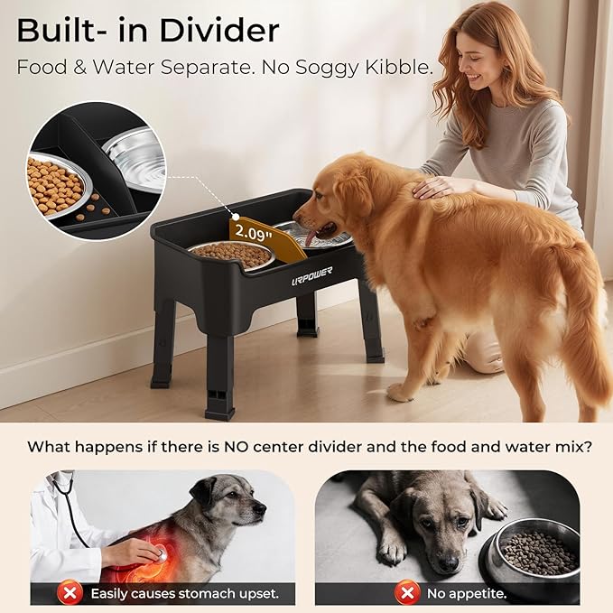 URPOWER Mess Proof Elevated Dog Bowls, High Wall Splash Guard Design, 4 Height Adjustable Raised Bowl Stand, 2 Large Stainless Steel Bowls, Non-Slip Food Water Set for Small Medium Large Dogs