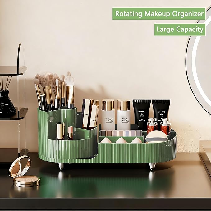 Rotating Makeup Organizer for Vanity with Brush Holder, Cosmetic Makeup Storage Organizer, Large Spinning Makeup Skincare Organizer, Countertop Makeup Perfume Organizer, Lotions Display Case Green