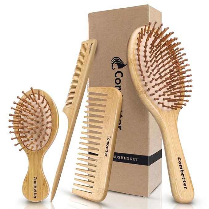 Combeter Bamboo Hair Brush and Comb Set (4PCS) Ã¢ÂÂ Natural & Eco-Friendly Detangler Comb for Women, Men & Kid, Reduces Frizz, Promotes Healthy Hair Growth Ã¢ÂÂ Wooden Paddle Brush with Scalp Massage