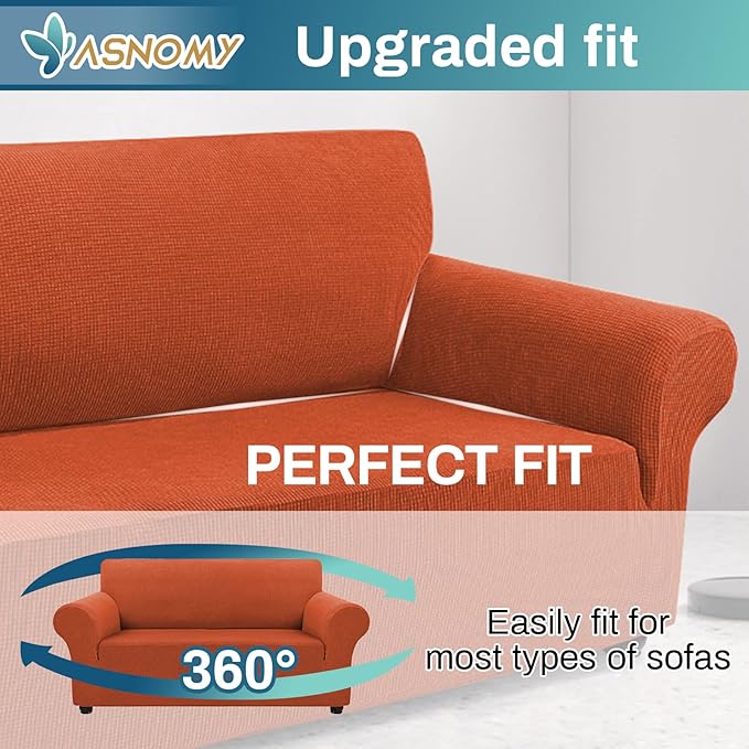 Asnomy Sofa Covers for 2 Cushion Couch Stretch loveseat Covers Slipcovers, Pet Protector Furniture Covers for Dogs Cats Spandex Jacquard Fabric Small Checks （Medium，Punpkin）