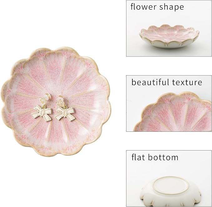 Jewelry Dish Tray, Ring Dish, Ceramic Trinket Tray, Key Bowl, Decorative Plate, for Friends Sisters Daughter Mother (Pink)