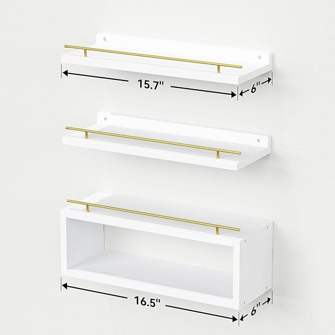 WOPITUES Floating Shelves for Wall with Cube Shelf, Wall Shelves with Metal Rail for Decor, Bathroom Organizers and Storage, Over Toilet Shelves for Bathroom, Toilet Paper-White&Gold