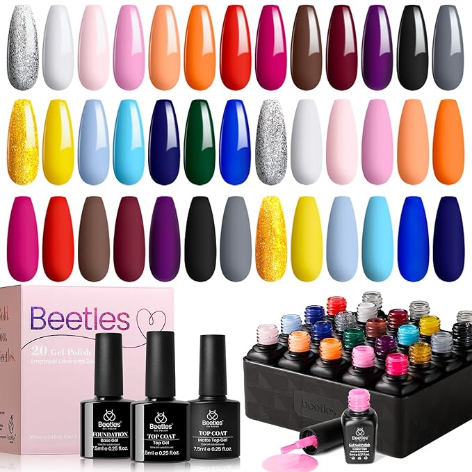 Beetles Gel Nail Polish Set - 20 Pcs Neon Nail Gel Polish Set Soak Off Uv LED Gold Sliver Glitter Nail Polish Kit Blue Pink Black White Uv for Nail Art Salon Valentines Gift for Women