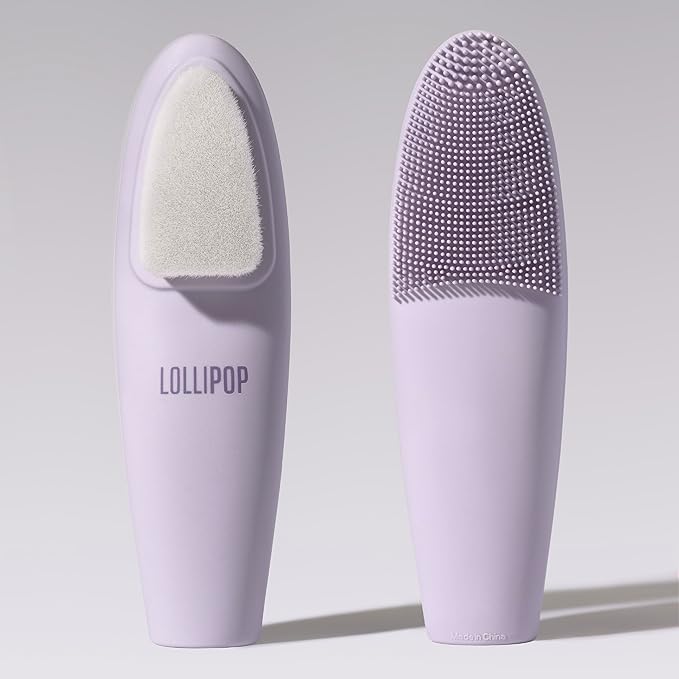 LOLLIPOP Dual-Sided Facial Cleansing Brush | Handle Size Silicone Face Exfoliator and Soft Fiber Cleanser | Manual Face Scrubber for Pores, Makeup Removal, Blackhead and Skincare Routine, Plum