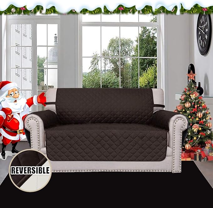 Easy-Going Reversible Loveseat Couch Cover for 2 Cushion Couch Sofa Cover for Dogs Water Resistant Furniture Protector with Foam Sticks Elastic Straps for Pet (Loveseat, Chocolate/Ivory)