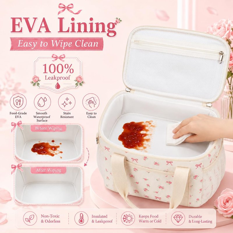 BTOOP Insulated Lunch Box for Women, Cute Leakproof Lunch Tote, Large Capacity Aesthetic Lunch Bag Girls with Shoulder Strap for Work, School, Picnic Pink Bow Floral