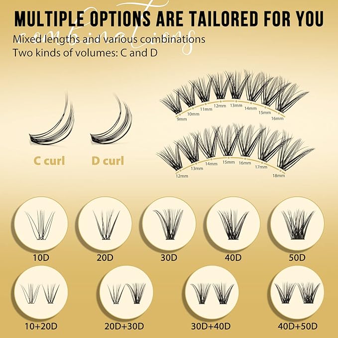 QUEWEL Lash Clusters 320Pcs Cluster Lashes 40D D Curl Lash Cluster Eyelash Extensions Mix12-18mm Individual Eyelashes Clusters Wispy Lash Clusters Thin Band Soft to Use at Home(40D D Mix12-18)