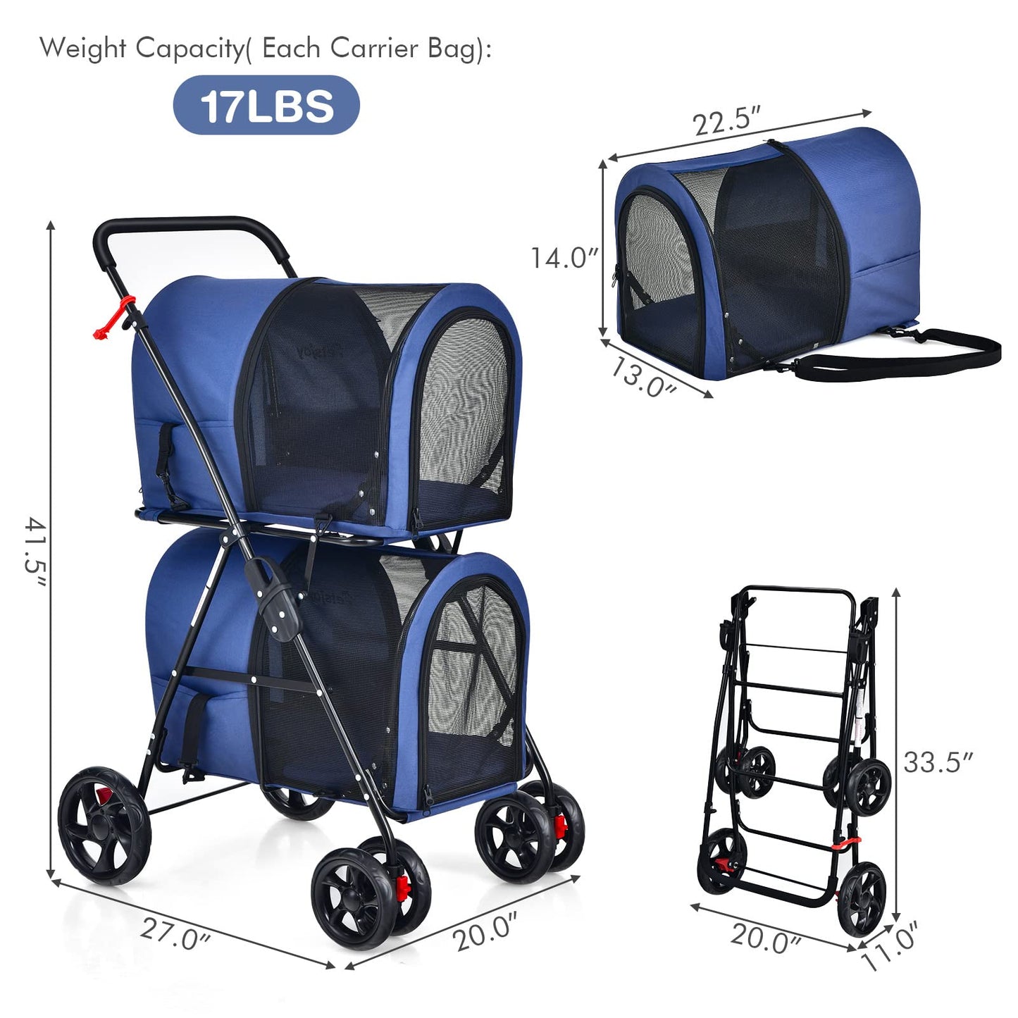 Giantex Double Pet Stroller with 2 Detachable Carrier Bags, Safety Belt, 4 Lockable Wheels, Folding Cat & Dog Stroller for Small Medium Pets, Cats Dogs Puppy Travel Strolling Cart (Navy)