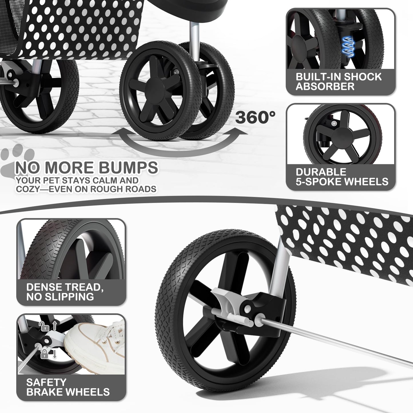 MoNiBloom 3 Wheels Pet Dog Cat Stroller for Small Medium Dogs Cats, Foldable Jogger Stroller w/Storage Basket and Cup Holder, Black Polka Dots