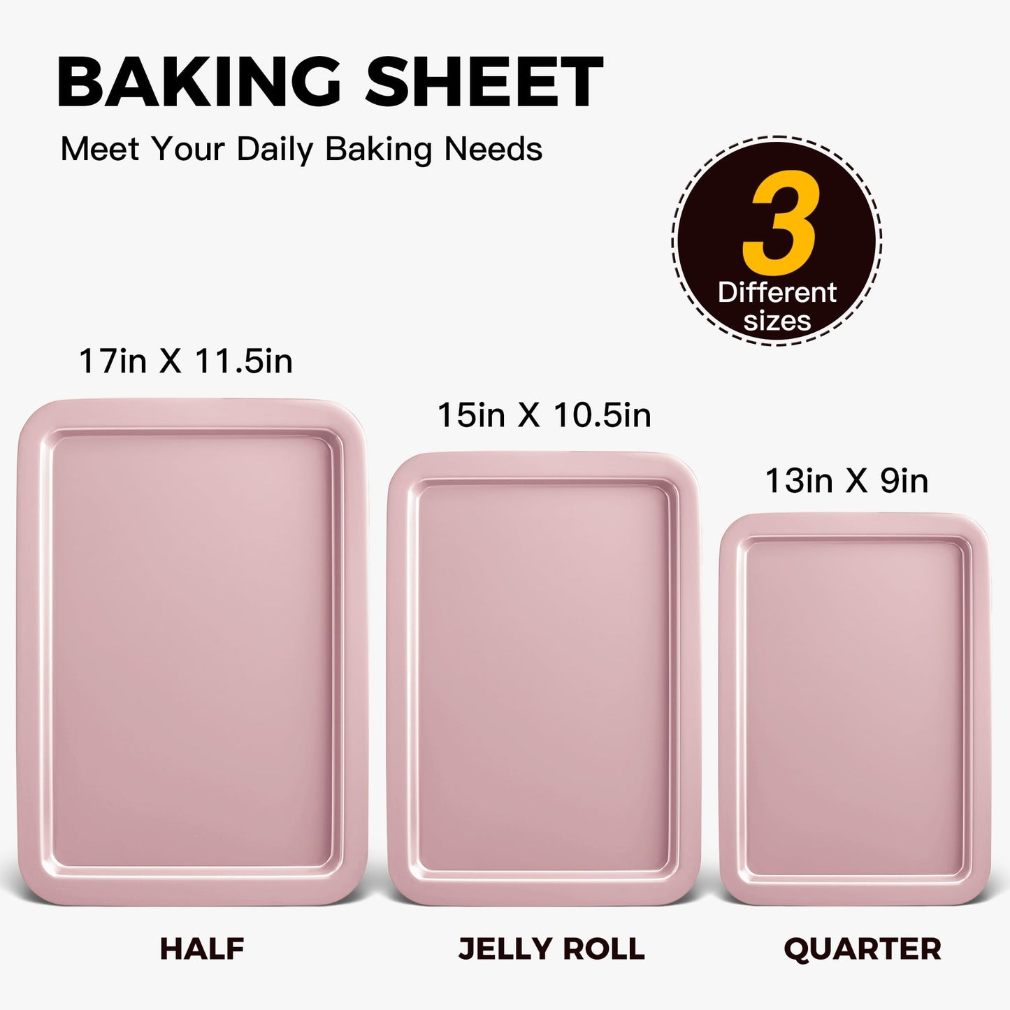 HONGBAKE Baking Sheet Pan Set, Cookie Sheet for Oven, Nonstick Bakeware Sets with Wider Grips, 3 Pack Half/Jelly Roll/Quarter Baking Tray, Premium, Dishwasher Safe-Pink