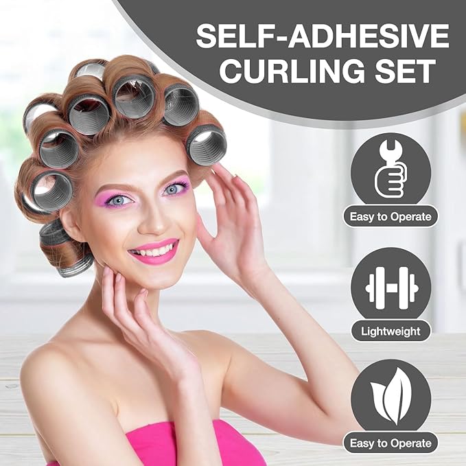66 Pcs Hair Rollers for Women, Rollers Hair Curlers, 24 Pcs in 4 Sizes(60/48/36/25 Mm) with 40 Stainless Steel Clips, Self Grip Holding Rollers for Hair, Long, Medium, Short, Storage Bag, Comb
