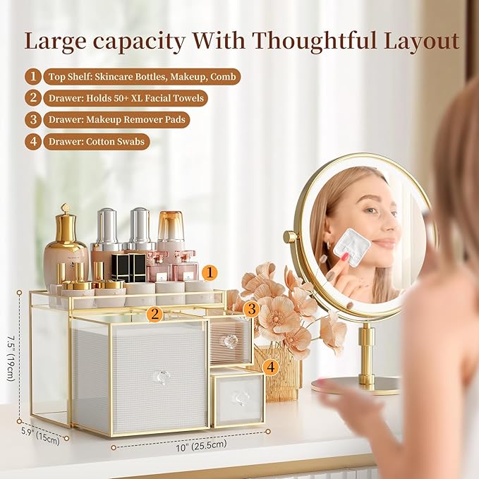 Coralhouse Tempered Glass Face Towel Holder with 3 Drawers, Bathroom Vanity Organizer for Disposable Face Towels, Cotton Pads, Swabs and Skincare Tools