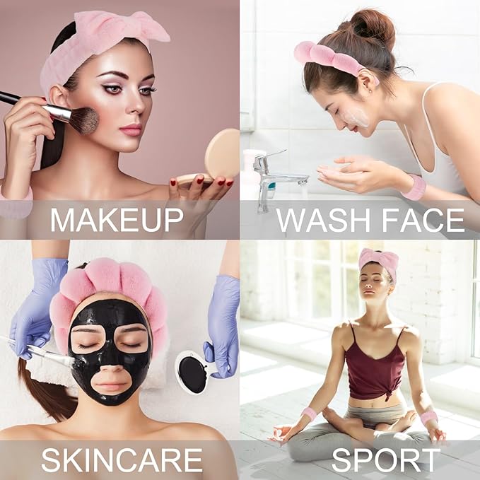 SuPoo 6pcs Pink Spa Headband and Wristband Set - Makeup Sponge Headband, Puffy Skincare Headbands, Cute Wrist Towels with Hair Ties - Teen Girl Gifts, Trendy Stuff
