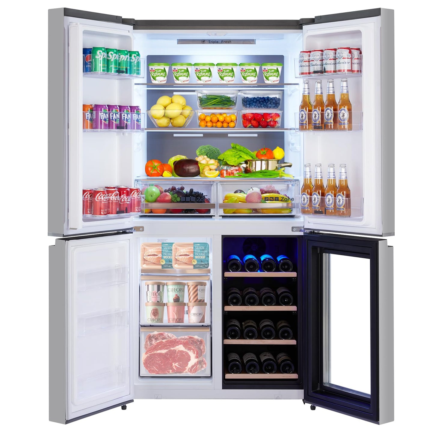 GarveeLife 36 In French Door Refrigerator, 21 Cu.Ft. Counter Depth Refrigerator Bottom Freezer with Wine Cabinet, Stainless Steel 4 Doors Fridges Kitchen Freezer, Adjustable Shelves