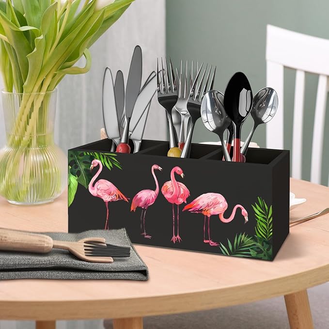 Tropical Pink Flamingo Wood Makeup Brush Toothbrush Holder Organizer for Vanity Bathroom,Pink Flamingo Gifts for Women,Girly Aesthetics Wooden Pen Pencil Holder for Desk Accessories(Black)