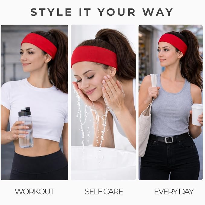Styla Hair Headbands for Women Stretch Fashion Head Bands 10 Pack Non-Slip Head Wraps Great for Spa, Sports, Yoga, Pilates, Running, Gym Headband, Workouts - Red