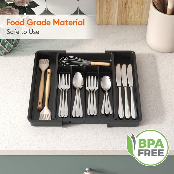 Lifewit Expandable Silverware Organizer, Plastic Utensil Tray for Kitchen Drawer, BPA Free Flatware Cutlery Holder, Space-Saving Storage for Spoons Forks Knives, 8.5-14 x 12 x 1.5 inch, Black