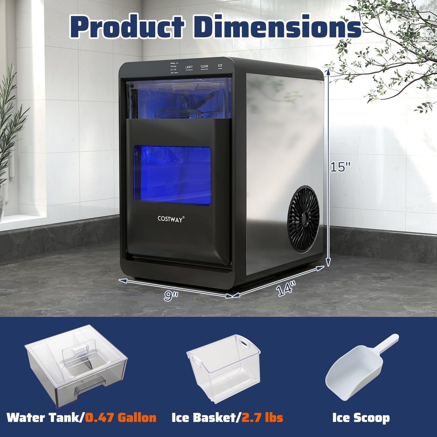 COSTWAY Countertop Nugget Ice Maker, 44 lbs/24H Chewable Sonic Ice Machine w/Self Cleaning, Ready in 6 Mins, Low Noise, Pull-Out Water Tank & Touch Control Panel for Home, Bar, Kitchen, RV
