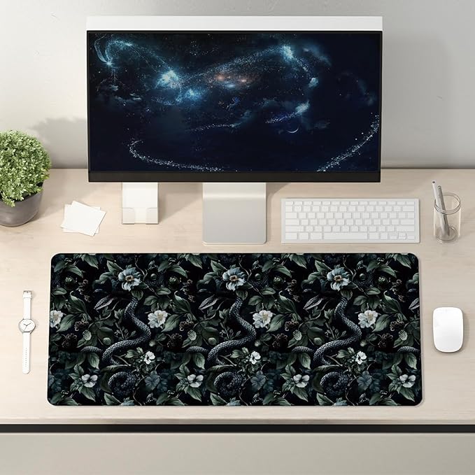 Dark Green Gothic Botanical Serpent Large Mouse Pad 31.5x15.7inch, Dark Academia Moody Witchy Floral Snake Big Extended Desk Mat Mousepad XL Gaming Keyboard Mat for Home Office Accessories