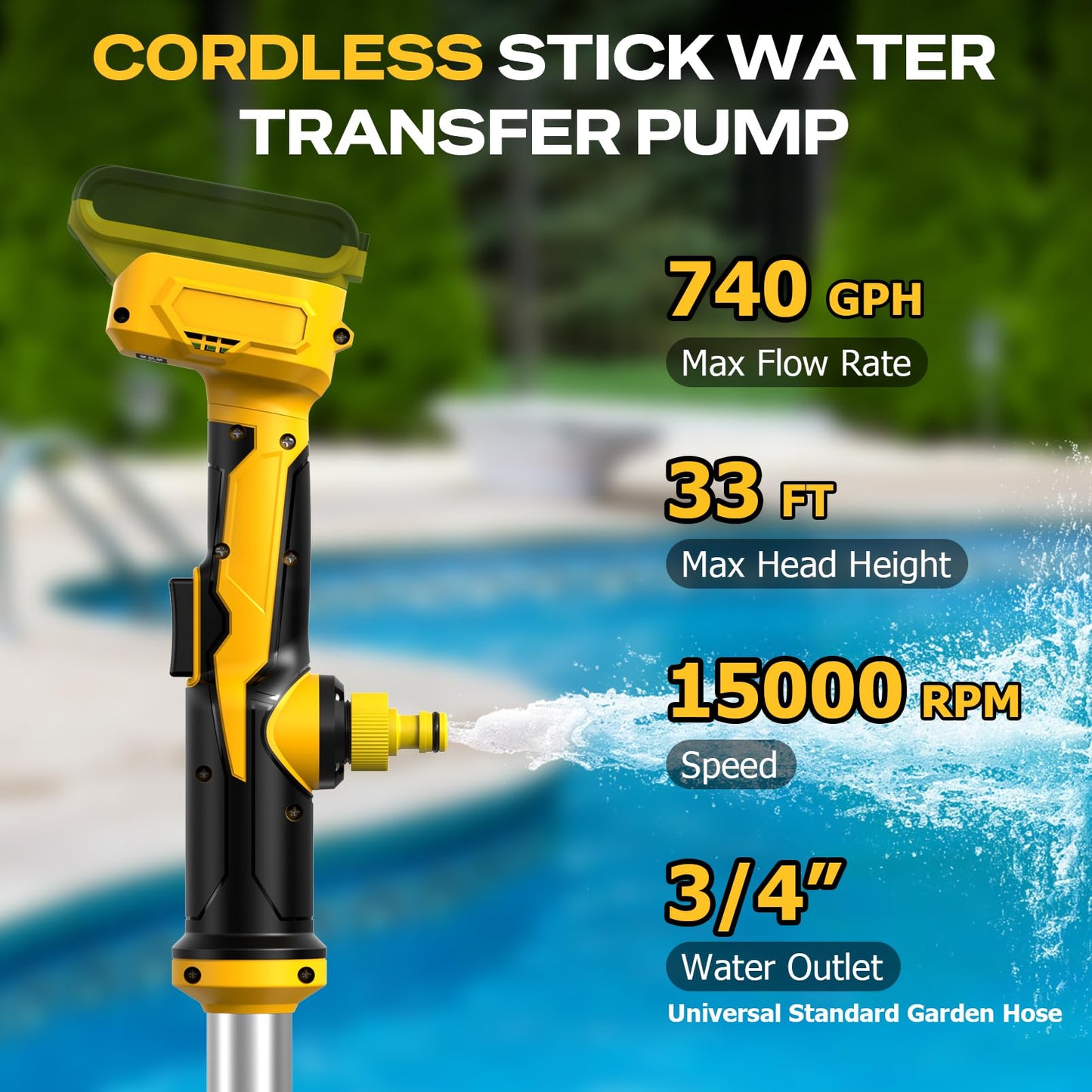 Cordless Stick Water Transfer Pump for Dewalt 20V Max Battery, 740GPH Sump Pump Submersible Utility Pump, Portable Electric Water Pump for Garden Basement Pool Pond RV Boat Draining (No Battery)