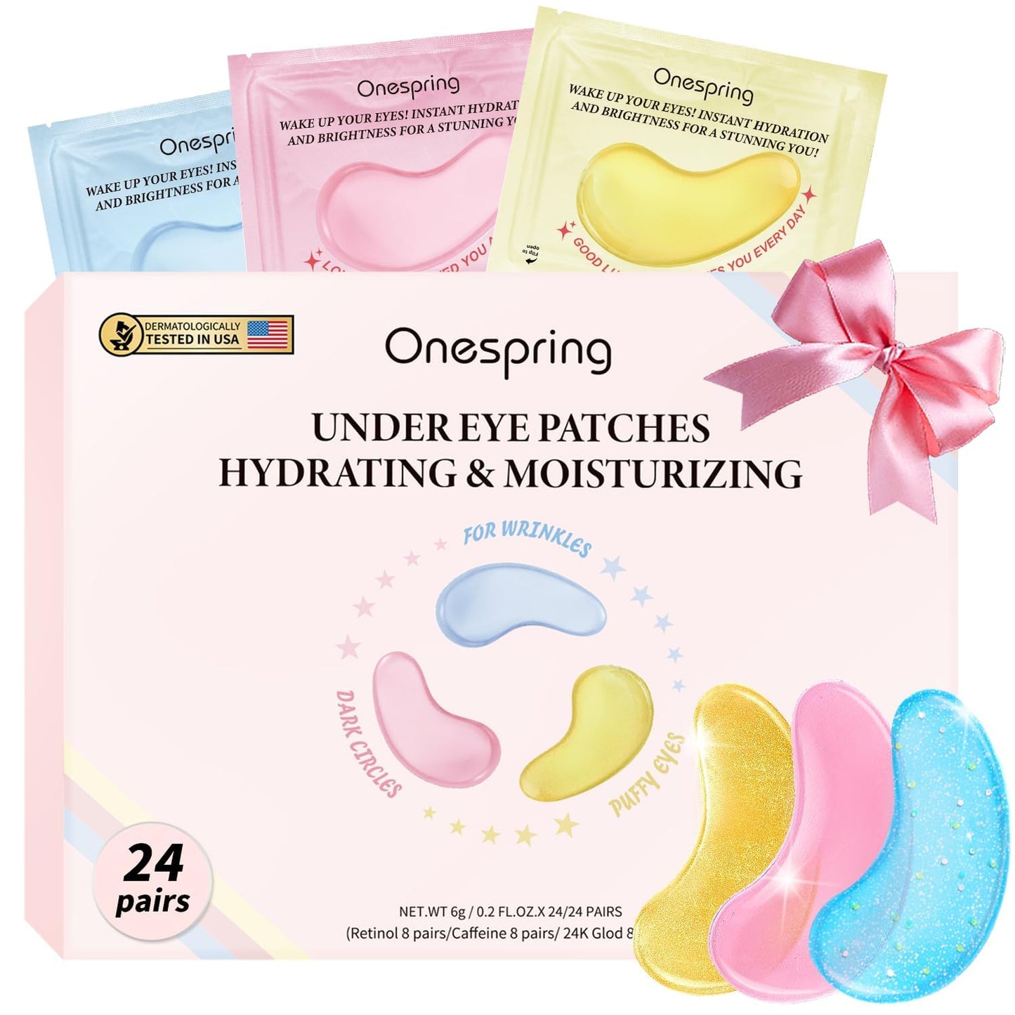 Onespring Eye Masks (24 Pairs) - Gift for Her - Caffeine, 24K Gold and Retinol Under Eye Patches for Puffy Eyes, Dark Circles & Fine Lines, Bachelorette Party Favors, Birthday, Bridesmaid Gift