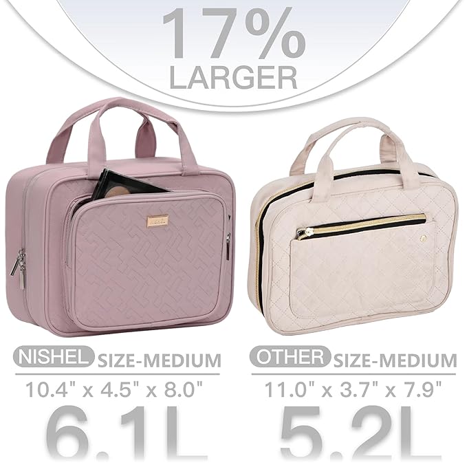 NISHEL Travel Toiletry Bag for Women, Makeup Essentials Organizer, Hanging Case for Accessories, Cosmetics, Medium Size, Peach-Pink