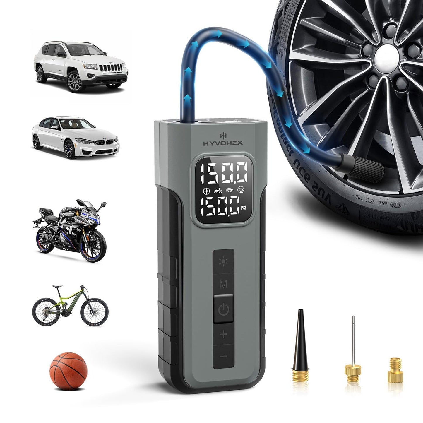 Tire Inflator Portable Air Compressor, 1 Min Fast Inflation Cordless Bike Pump with Digital Pressure Gauge LED Light, 150 PSI Electric Air Pump for Car Tires, Bicycle, Motorcycle, Ball (Grey)