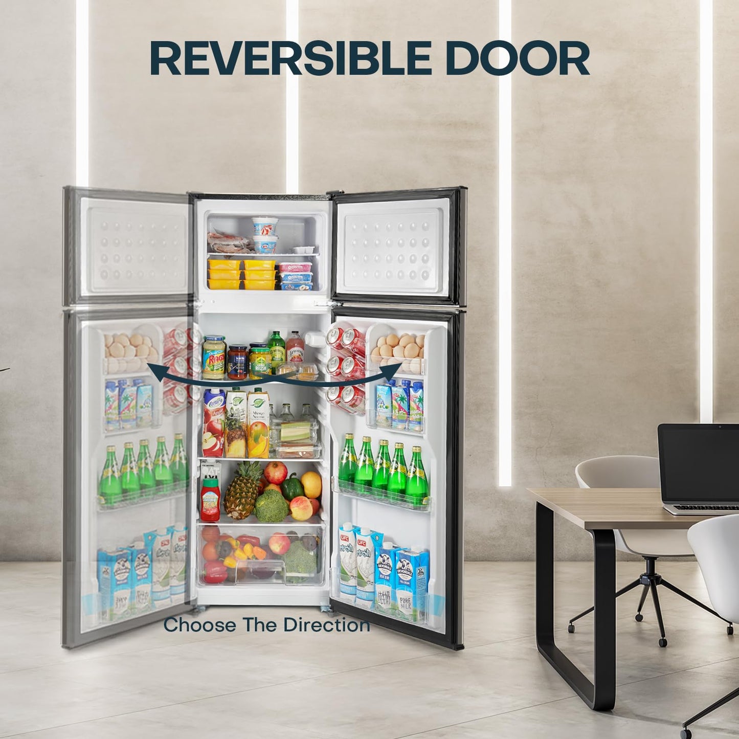 Upstreman 7.7 Cu.Ft. Refrigerator with Freezer, Double Door, Adjustable Thermostat, Large Capacity, Reversible Door Swing, Refrigerator for Apartment, Office, Dorm, Stainless (BD75)