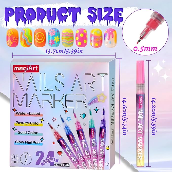 24 Color Nail Art Pens, Classic & Neon Nail Markers Set 0.5 MM Fine Tip Nail Polish Pens Drawing Painting Point Liner Painted Pen Kit, Waterproof DIY Nails Art Design Manicure Tools