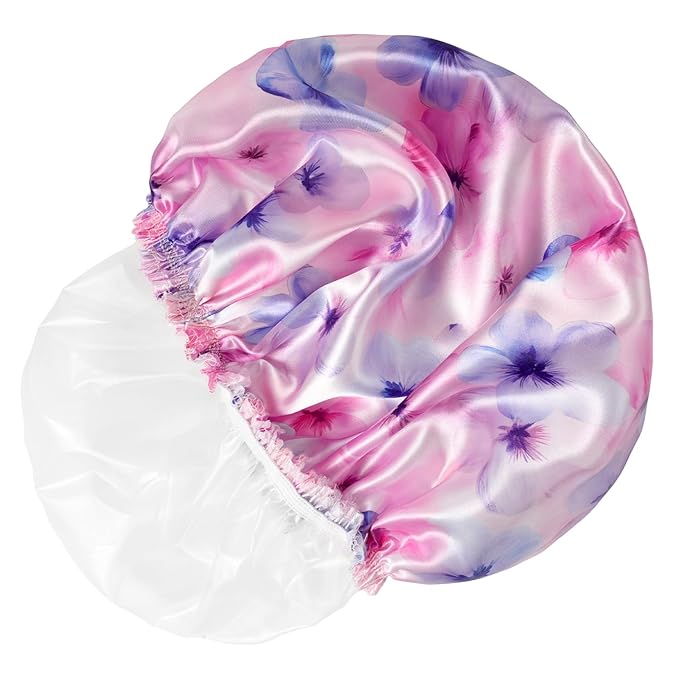 4 PCS Shower Caps for Women, 3D Printing Bath Caps, Double Layers Shower Cap Reusable Waterproof, Bathing Shower Caps, Environmental Protection Hair Bath Hat - Flower C