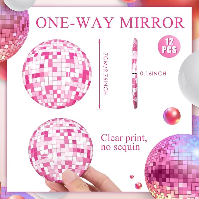 Qunclay 12 Pcs Disco Ball Compact Round Pocket Mirror - 2.76 Inch Vintage Mini Handheld Portable Mirror for Purse, Women Gift, Party Supply, Travel Daily (Pink)