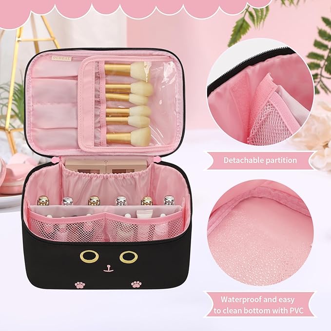 OCHEAL Makeup Bag,Travel Makeup Organizer Bag, Cute Cosmetic Bags for Women Girls Travel Toiletry Bag Traveling With Brush Slot And Divider-Cat