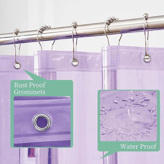 Mrs Awesome Clear Lavender Shower Curtain Liner with 3 Magnets, 72x72 Premium Flexible Sturdy Plastic Shower Curtain for Bathroom Lightweight & Waterproof, Clear Lavender