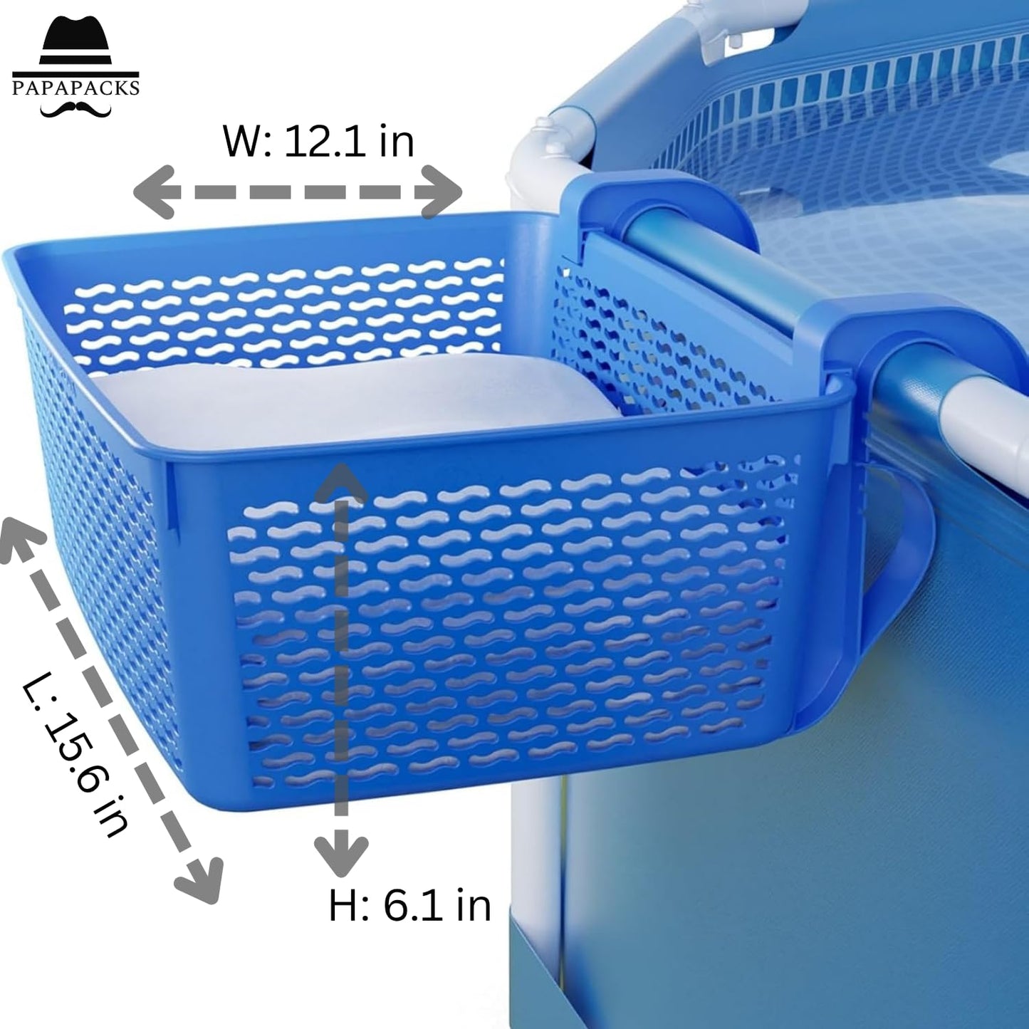 Papapacks 2 Packs XL Poolside Storage Basket for Above Ground Pools – 15.6" L x 12.1" W x 6.1" H - Swimming Pool Organizer Patio Accessories – Made in Europe – (Blue)