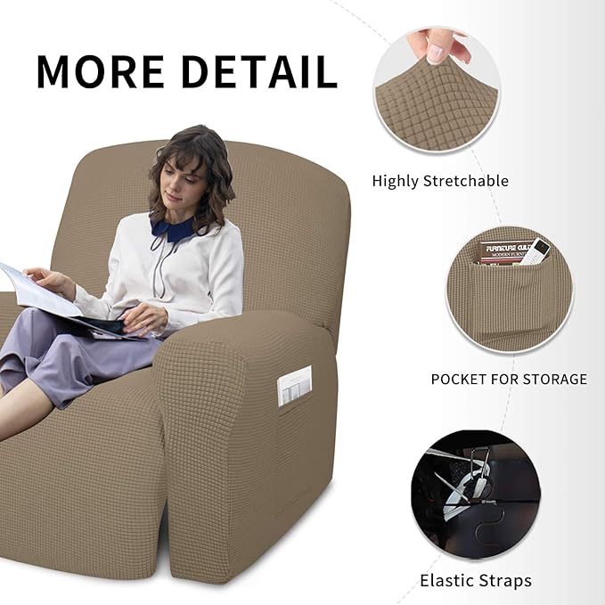 Easy-Going 4 Pieces Oversized Recliner Stretch Sofa Slipcover Sofa Cover Furniture Protector Couch Soft with Elastic Bottom Polyester Spandex Jacquard Fabric Small Checks Natural,X-Large