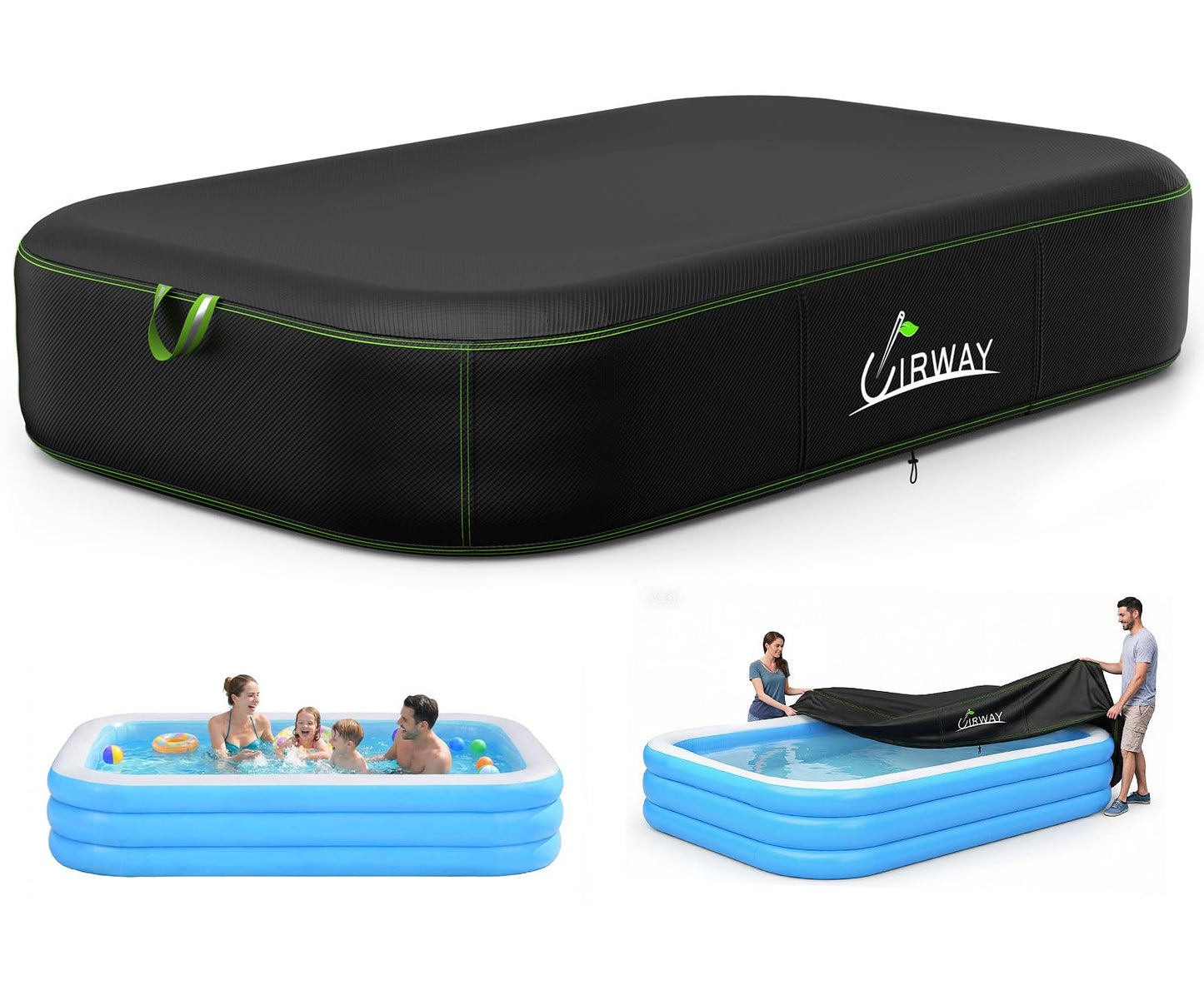 UIRWAY Rectangular Pool Cover 120in x 72in, Inflatable Pool Covers for Above Ground Pools with Elastic Cord - Snug Fit & Easy Set, Outdoor Swimming Pool Cover with 2 Reflective Strip Handles, Black