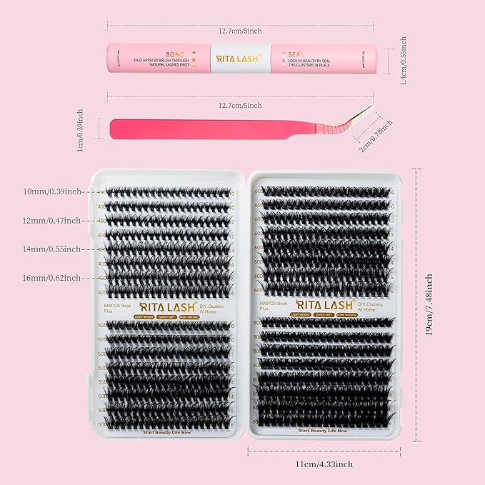 RITALASH Lash Extension Kit 40D+50D+60D+80D DIY Lash Clusters Kit 640pcs Cluster Lashes Individual Lashes Eyelash Extension Kit with Lash Bond and Seal,Lash Tweezers(40D+50D+60D+80D Kit,10-16mm Mixed)