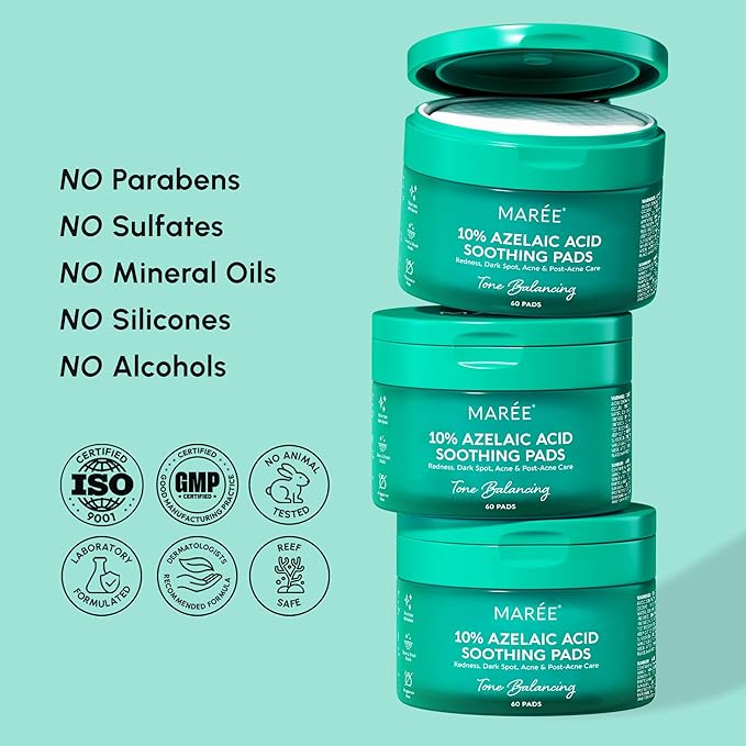 MAREE Azelaic Acid Acne Clearing Pads Ã¢ÂÂ Exfoliating Pads with Glycolic & Hyaluronic Acid for Face Ã¢ÂÂ 10% Azalecic Acid & Centella Redness Soothing Pad Ã¢ÂÂ Zero Pore Facial Toner Pad Ã¢ÂÂ Acido Azelaico