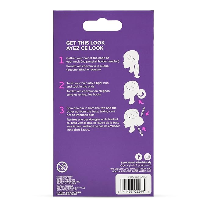 Goody Mini Spin Pins, 2 Ct, Spiral Clips for Quick & Easy Buns, All-Day Hold Twist Corkscrew Bobby Pins, Pain-Free Hair Accessories for Women, Men Boys & Girls, All Hair Types