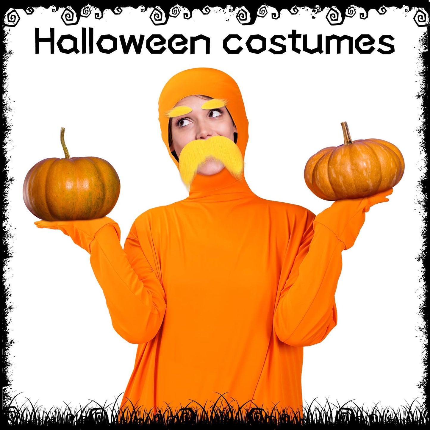 HIYZI Orange Costume Yellow Mustache and Eyebrows Halloween Costume Orange Jumpsuit for Halloween Christmas Festival Party Cosplay Men Women (S)