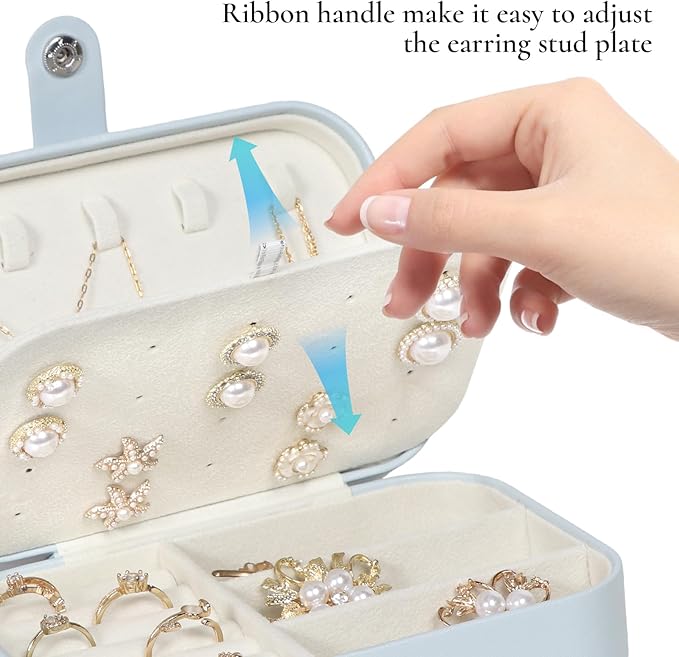 Hatori Travel Jewelry Box, PU Leather Small Jewelry Organizer for Women Girls, Double Layer Portable Mini Travel Case Display Storage Holder Boxes for Stud Earrings, Rings (Light Blue)