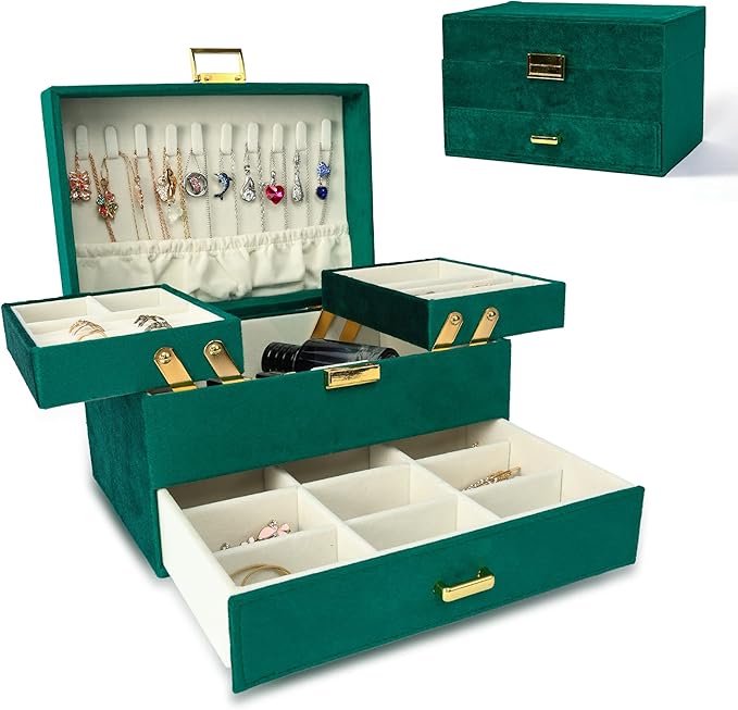 Dajasan Jewelry Organizer Box, Large Velvet Jewelry Boxes for Women Girls, Space-Saving 3 Layers Jewelry Storage Case with Drawer, Movable Metal Stand, Modern, Gift Idea (Green)