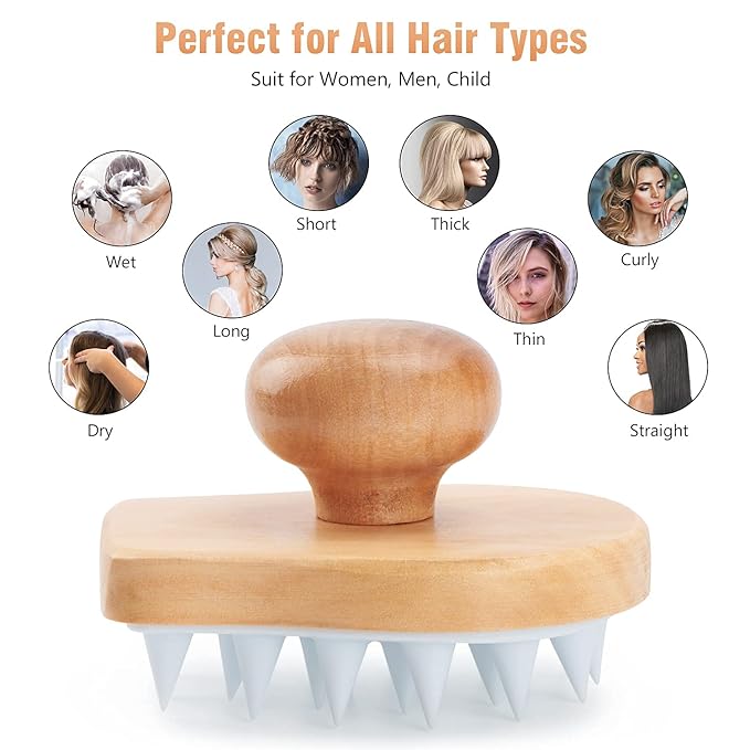 Hangerspace Scalp Massager Shampoo Brush, Wooden Wet and Dry Hair Scalp Care Brush, Shower Brush Scalp Scrubber Exfoliator with Soft Silicone Bristles for Dandruff Removal, Hair Growth (White)