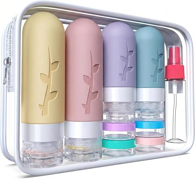 Travel Bottles Kit (16 Pack) - TSA Approved, Leak Proof Silicone Squeezable Containers for Toiletries. Complete Set with Jars, Sprayers & Bag (Light Purple)