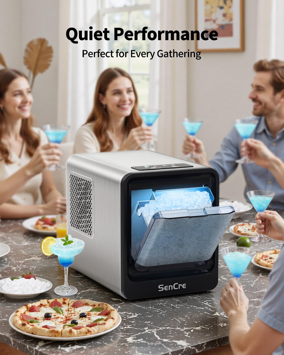 SenCre Nugget Ice Maker Countertop with Auto Water Refill, 42lbs/Day Stainless Steel Ice Machine with Pull-Out Drawer ＆ One-Click Self-Cleaning, Portable Ice Makers for Home/Kitchen/Office