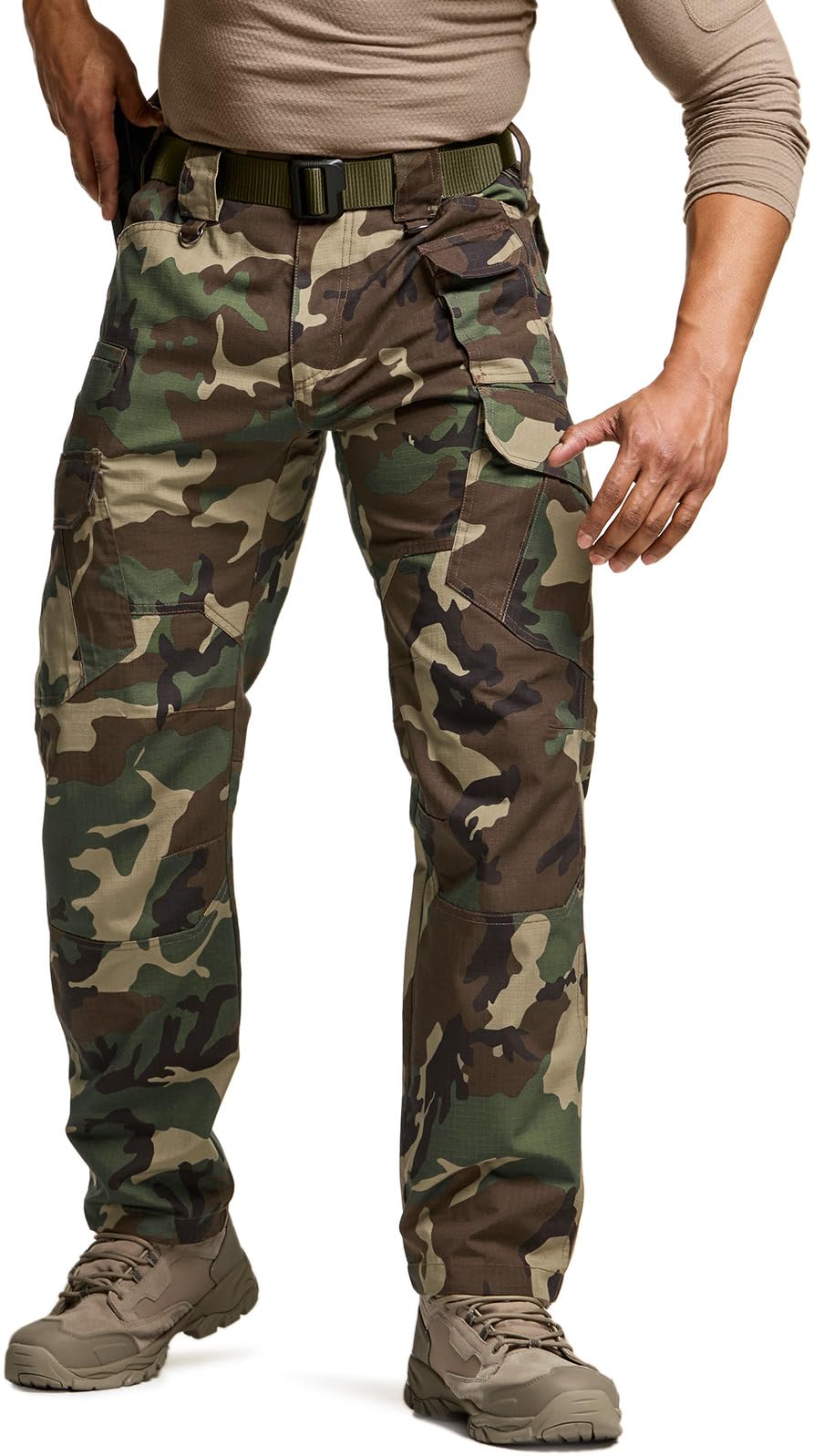 CQR Men's Tactical Pants, Water Resistant Ripstop Cargo Pants, Lightweight EDC Work Hiking Pants, Outdoor Apparel, Duratex Mag Pocket Print Woodland Camo, 34W x 34L