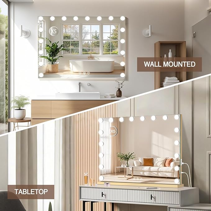 Vanity Mirror with Lights, 31.5" x 23.6" Large Makeup Mirror with LED Lights, Smart Touch Dimmable 3-Color Light, Memory Function, USB Charging Port Gold