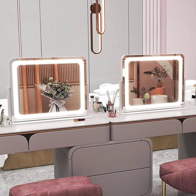 ROLOVE 22x17 Inch Lighted Vanity Mirror with Dimmable LED Lights - 3 Color Modes, Smart Touch Control & 360° Rotating Base - Desk Makeup Mirror (White)