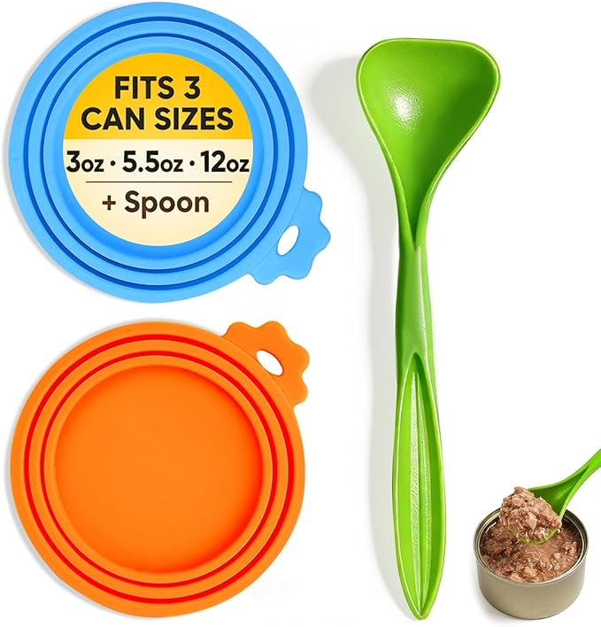 Lydia’s Deal Pet Food Can Covers 2-Pack, Universal Silicone Can Lids for Dog & Cat Food, Fits 3oz/5.5oz/12oz Cans, Airtight & BPA-Free, Dishwasher-Safe, Includes Green Spoon (Blue + Orange)
